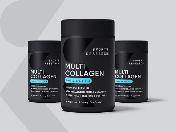 Multi Collagen Dietary Supplement with Hyaluronic Acid and Vitamin C, 90 Capsules