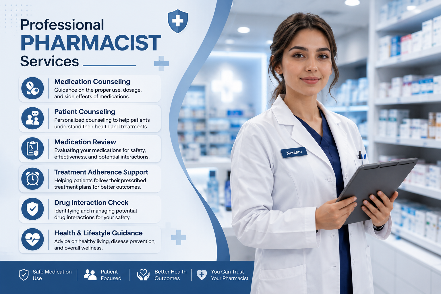 As a pharmacist I will help patient to clearly understand their medication, help them how to take medication provide complete knowledge of drug their dose , frequency, time ,and their adverse reaction, I also provide counseling and help them to get better treatment